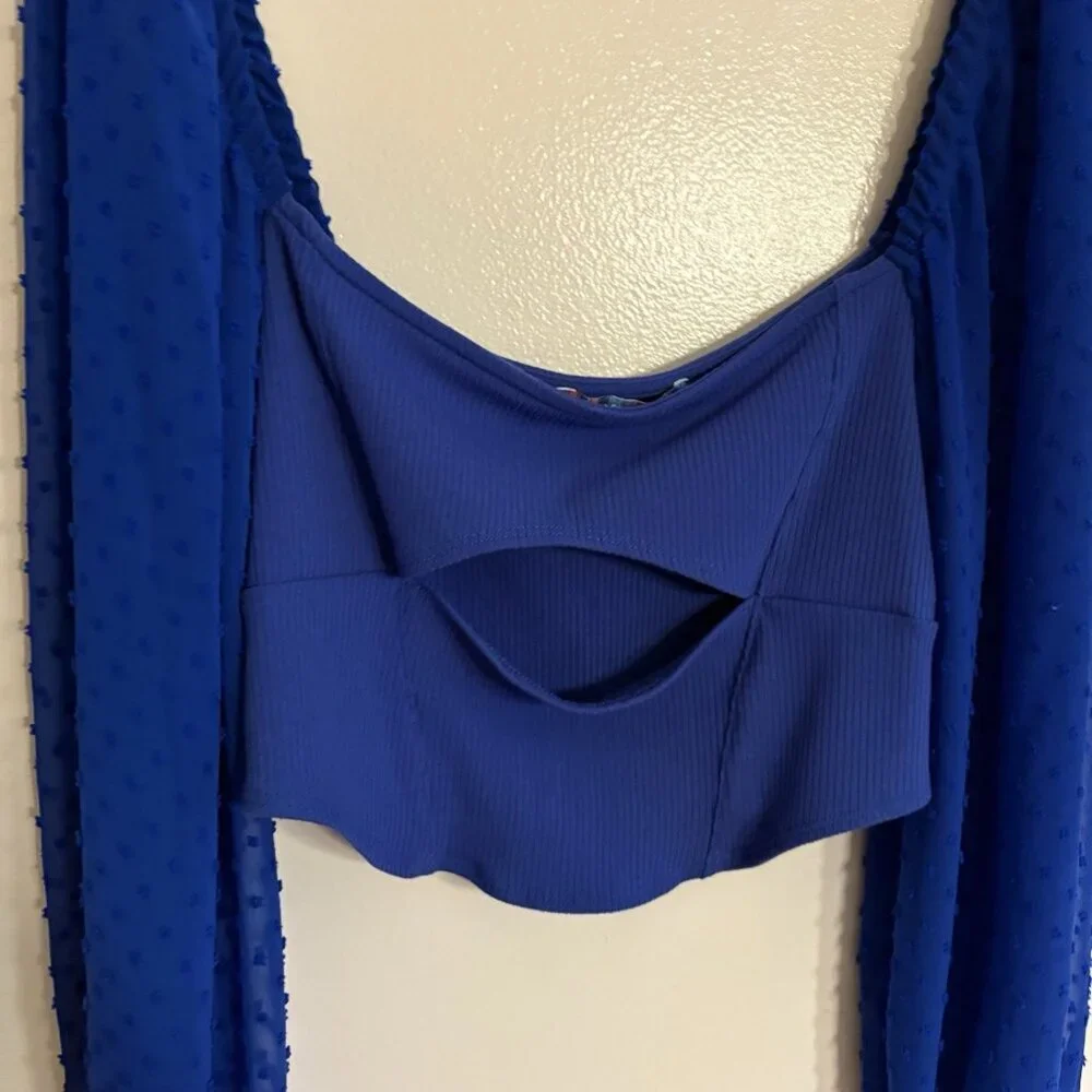 Urban Outfitters Women XXL Blue Puff Sleeve Cutout Mirabel Bustier Crop Blouse